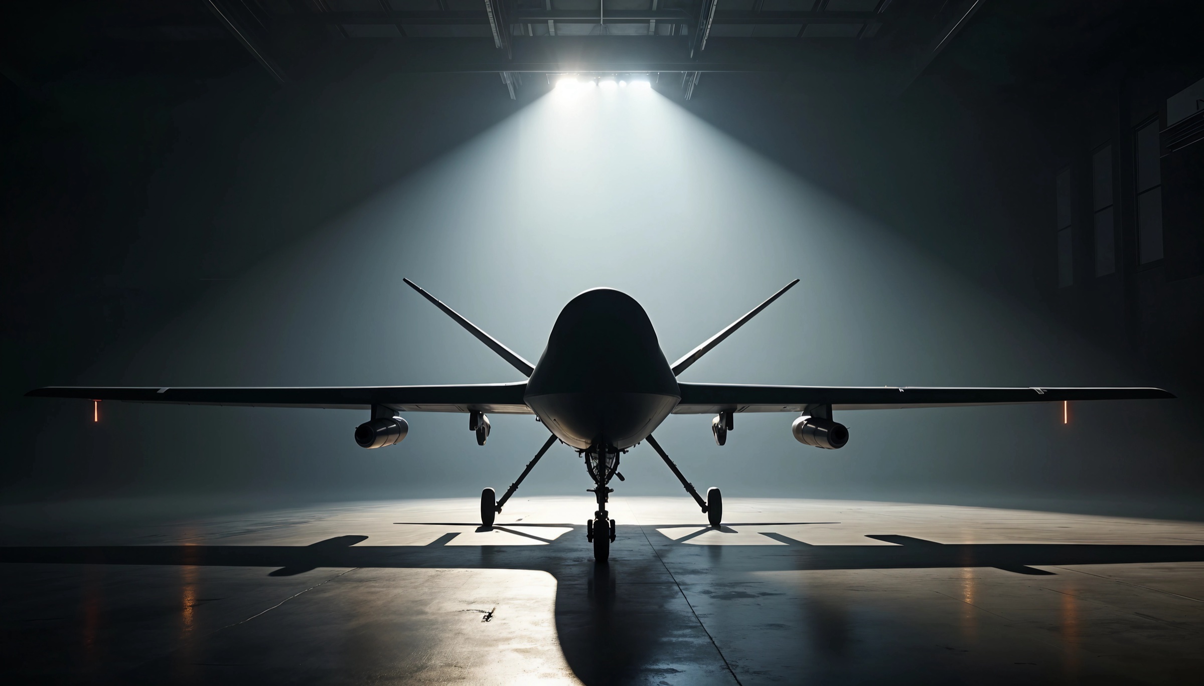 An uncrewed aerial platform on the floor of a dim hangar, a single overhead spotlight throwing the airframe into silhouette — the class of platform whose actions the Mission Authorization Gateway sits in front of.